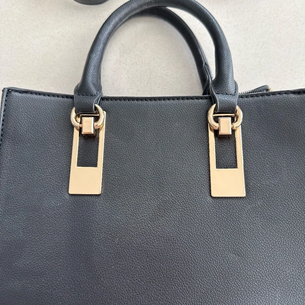 Black Structured Top Handle Crossbody Purse Faux Leather Basic Purse Everyday - Picture 12 of 13